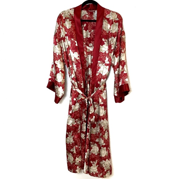 Adonna Peignoir Long Robe & Gown Set Womens Size Small Red Satin Roses Floral - Picture 1 of 15